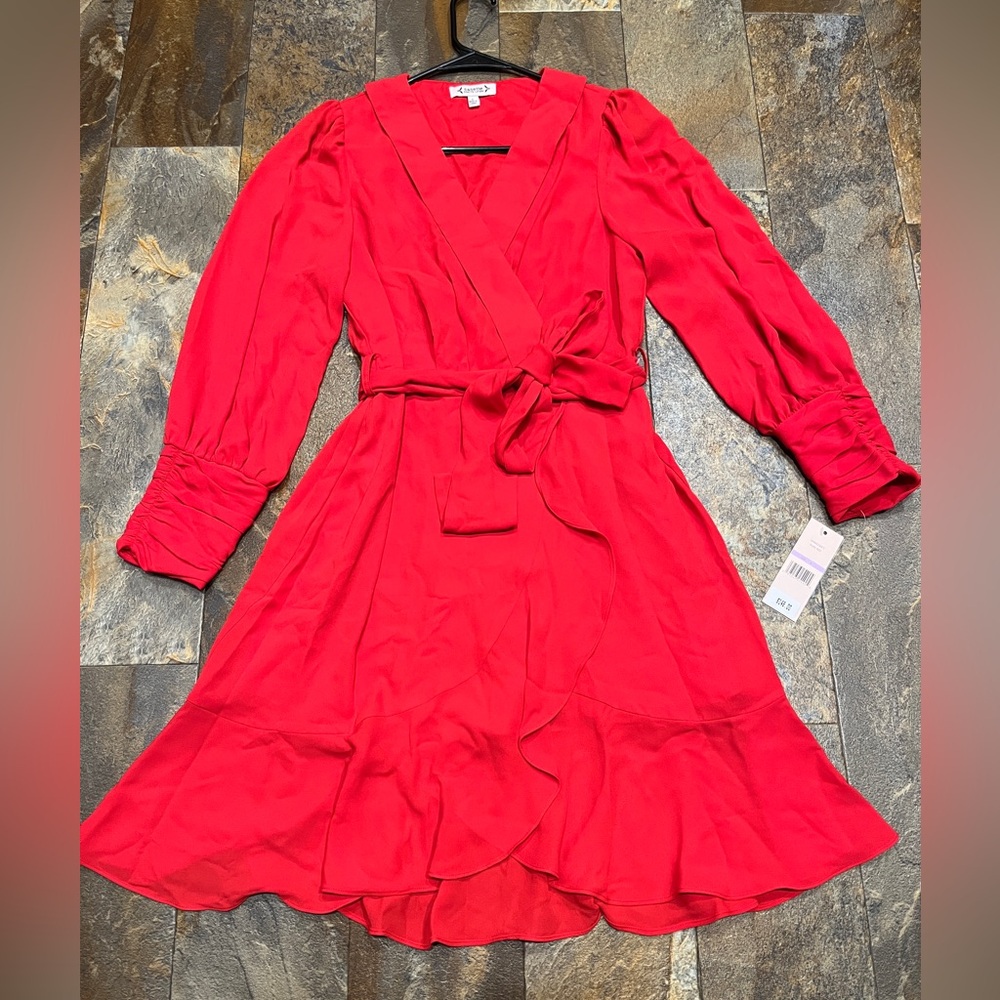 Nanette Lepore Red Wrap Midi Dress with Bishop Sleeve